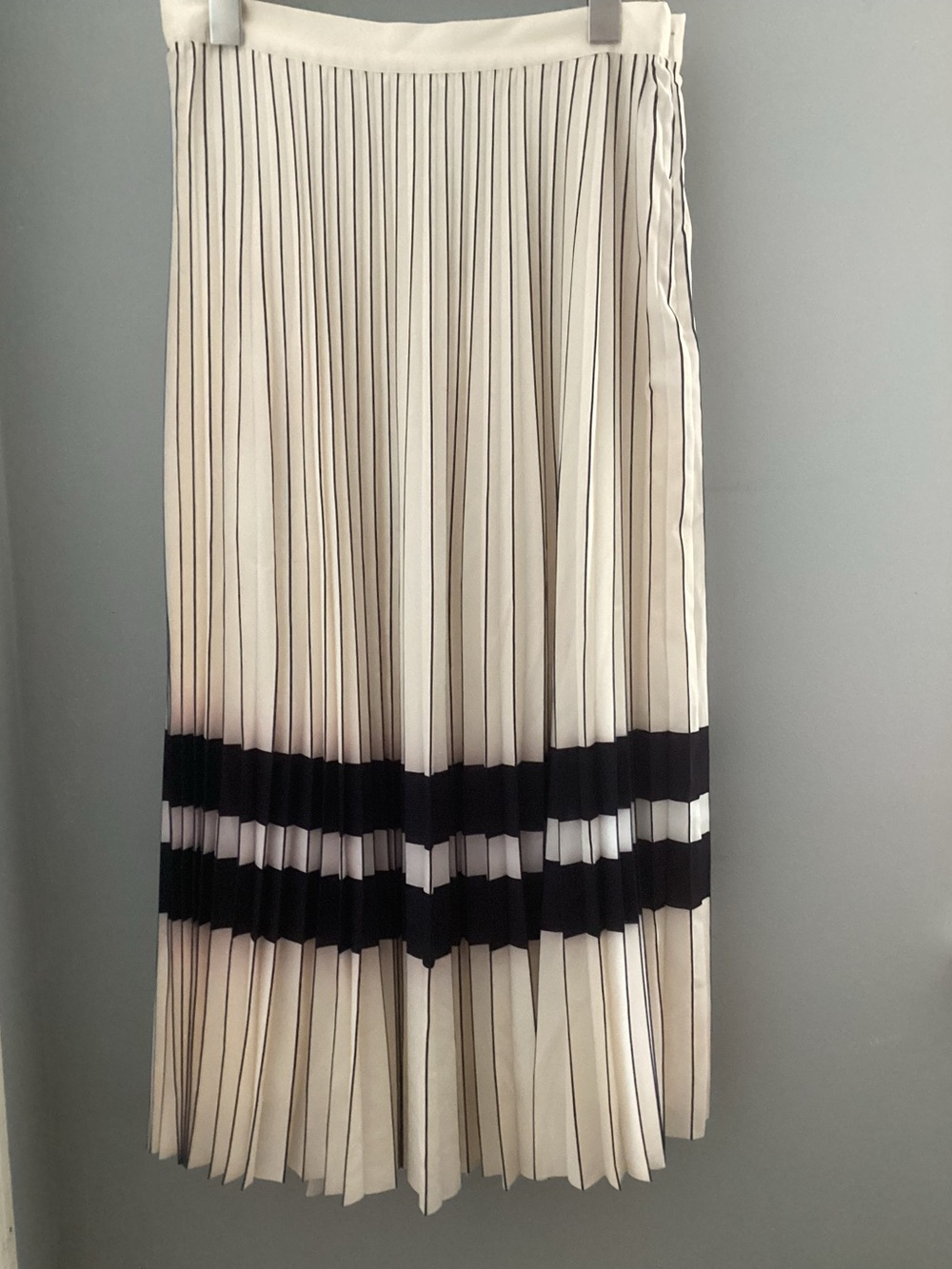 Reiss Cream Pleated Midi Skirt with Black Banding